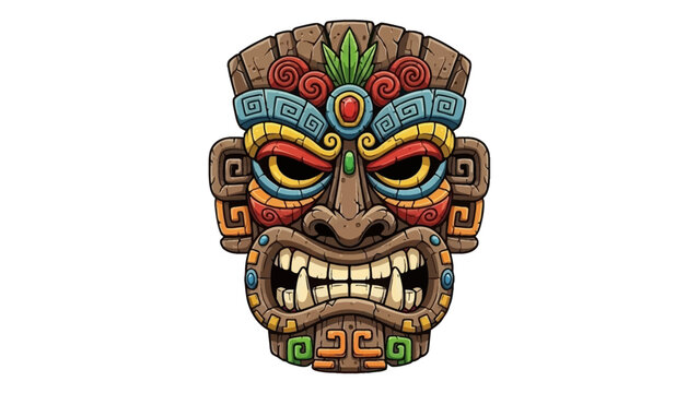Cartoon tiki mask vector illustration, Hawaii totem face, stone tribal Aztec warrior head, isolated on white. Tropical maya native culture sculpture, primitive traditional art. Ritual tiki mask, jewel