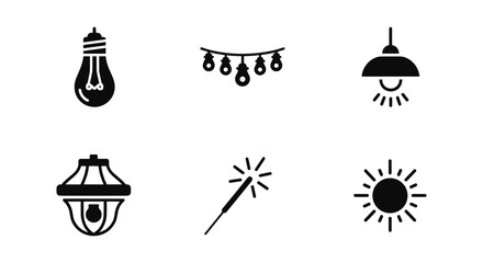 Minimalist black and white icons of light bulbs, lamps, and sun symbols
