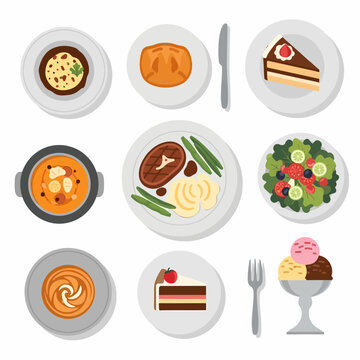 Una variet&agrave; di piatti e bevande, tra cui zuppe, portate principali, insalate, dolci e gelato, visti dall'alto.