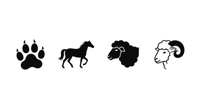 Animal silhouettes: paw, horse, sheep, ram icons on white background