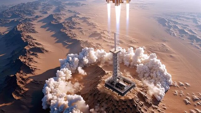 Powerful rocket launching from Martian base, surging upward with intense fire and billowing smoke, beginning interplanetary journey across expansive red planetary landscape