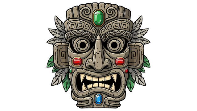 Cartoon tiki mask vector illustration, Hawaii totem face, stone tribal Aztec warrior head, isolated on white. Tropical maya native culture sculpture, primitive traditional art. Ritual tiki mask, jewel