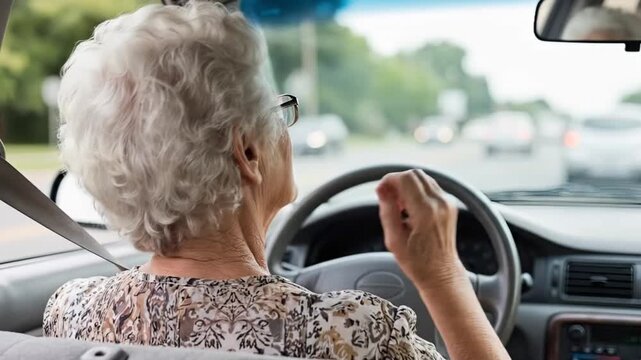 Elderly woman rubbing painful neck while driving car in traffic, senior healthcare or insurance