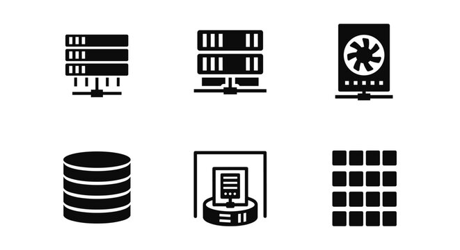 Data storage icons set: database, server, cooling unit in black silhouette style
