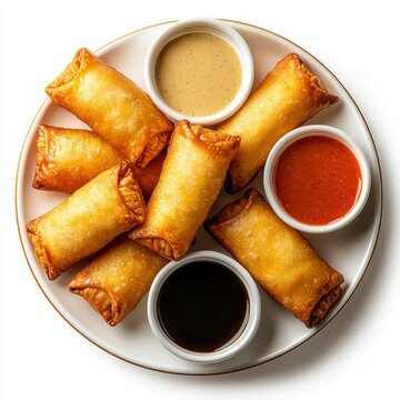 Assorted crispy fried sp rolls served on a white plate with three dipping sauces in small bowls, perfect appetizer or snack for gathes and parties