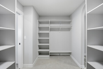 White closet with shelves and a mirror