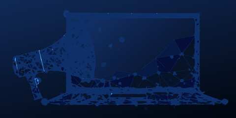 Abstract blue laptop illustration with polygonal shapes and digital glitch effects