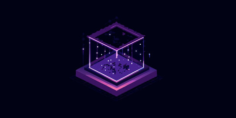 Isometric display case containing a miniature galaxy glowing with vibrant purple hues
