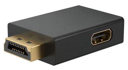 Realistic DisplayPort to HDMI video adapter with detailed gold-plated pins and robust black casing for signal conversion, isolated on transparent background