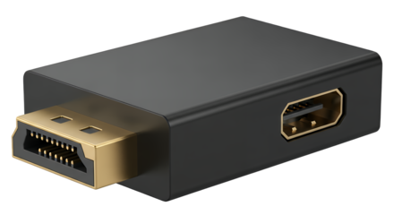 Realistic DisplayPort to HDMI video adapter with detailed gold-plated pins and robust black casing for signal conversion, isolated on transparent background