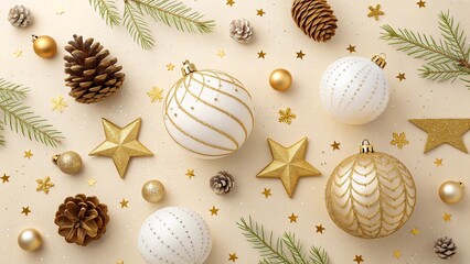 Christmas greeting card. Noel festive background. New Year symbol. Christmas tree branch, golden stars, balls. Copy space.  Flat lay. Top view.