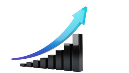 Business Growth and Success Concept: 3D Bar Chart with Upward Trending Arrow.