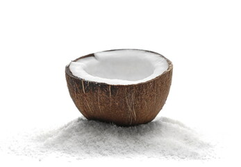 Fresh half coconut with shredded meat isolated on white background, side view