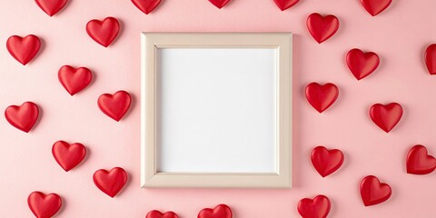 Valentine's Day background with pink flowers and white heart, copy space