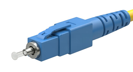 Blue fiber optic cable connector and yellow data cable, highlighting modern high-speed network technology and communication, isolated on transparent background