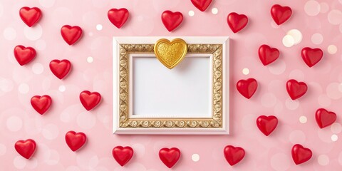 Valentine's Day background with pink flowers and white heart, copy space