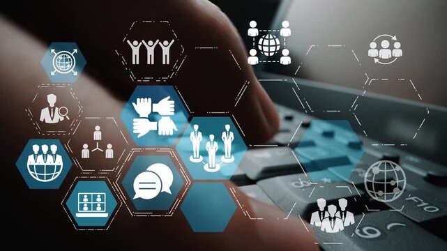 People networking and digital community with teamwork, partnership, collaboration and connection icons showing modern communication and relationship building. Funnel