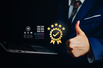 Quality approval concept, businessman showing thumbs up with certification badge icon, ISO standard compliance, service excellence, audit validation, trusted business quality assurance.