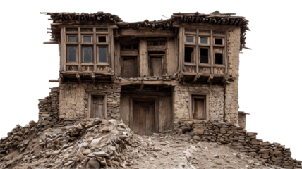 Ancient, rustic, and crumbling traditional stone and wood building standing in ruins, isolated on a clean background.