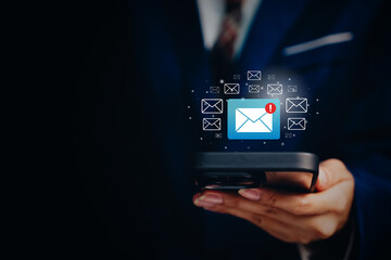 Mobile notification concept, businessman holding smartphone with email alert icons, unread message warning, digital communication flow, business responsiveness, real time information access.