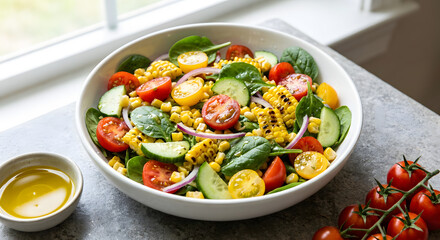 Colorful Fresh Garden Salad with Cherry Tomatoes Cucumber Avocado and Corn in a White Bowl
