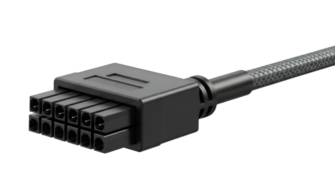 Realistic close-up view of an essential 8-pin power supply unit connector for computer components, featuring a detailed braided cable, isolated on transparent background - Powered by Adobe