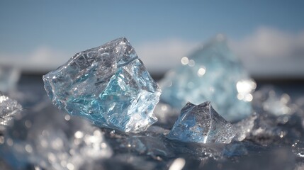 Glistening frozen ice shards with intricate details reflecting light against a blurred blue background.