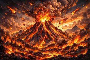 Volcanic eruption with lava and ash in a fiery mountain landscape