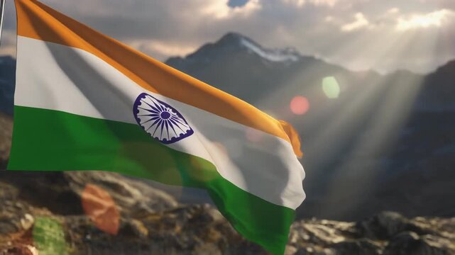 Slow-Motion Close-Up of Indian National Flag Waving with Himalayan Mountains &mdash; Patriotic Cinematic 4K Video