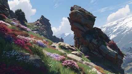 Rugged alpine mountain peaks adorned with vibrant wildflowers under a clear blue sky.