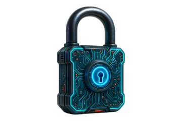 Neon Cyber Shield Lock Isolated on a Transparent Background