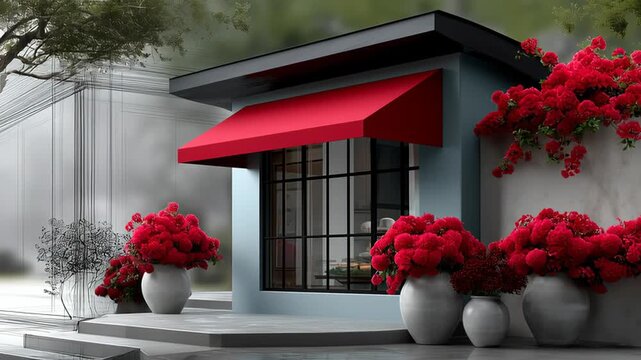 Architectural visualization showing modern small cafe materializing from wireframe, red awning and vibrant flowers gradually emerging through precise 3D rendering technique,3D rendering Architectural