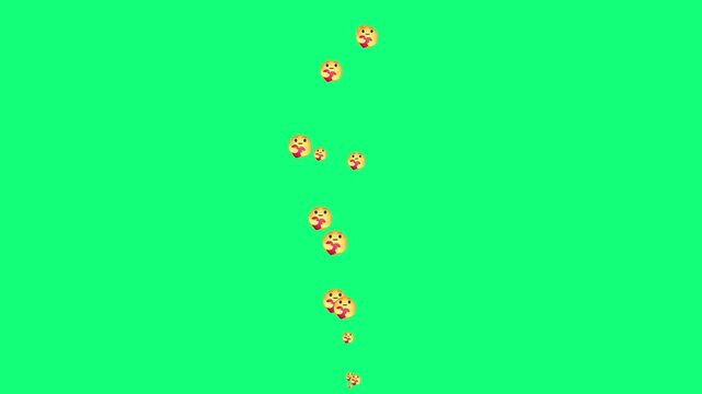 social media live stream care reaction overlay chroma key. stream of supportive emoticons for video editing and compositing. floating care face emojis with heart on green screen background.