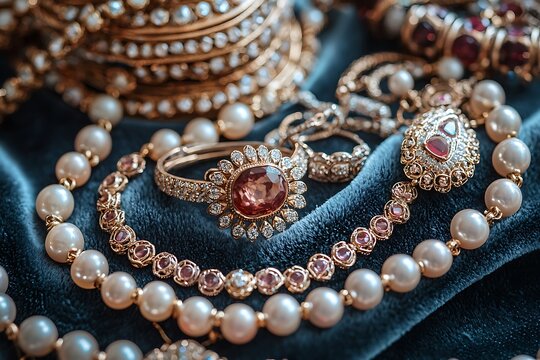 Intricate gemstone and pearl necklace collection showcase high resolution picture