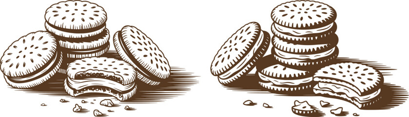 Vintage Chocolate Sandwich Cookie Stack Illustration.