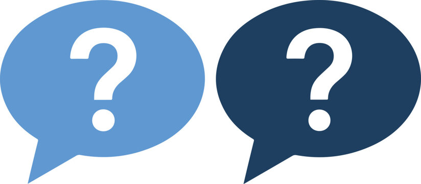 Two speech bubbles with question marks in shades of blue on blue background in different shades