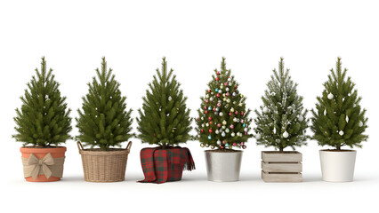 Fototapeta premium Mini Christmas Tree Trio to Quintet — Small Decorated Xmas Trees in Pots and Pots with Ornaments (High-Res, Isolated on White)