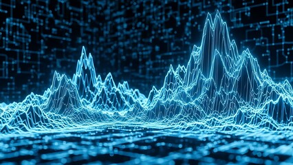 Futuristic blue digital mountain landscape with glowing data visualization peaks