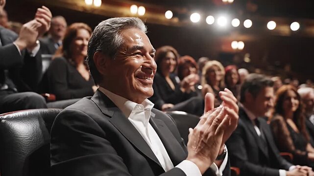 Enthusiastic audience member applauding and smiling during a live performance at a concert hall or theater event showcasing joy and appreciation for the arts