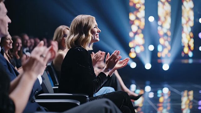 Excited audience member applauding and smiling during a live performance event under dramatic stage lighting conveying joy and celebration at a concert or awards show