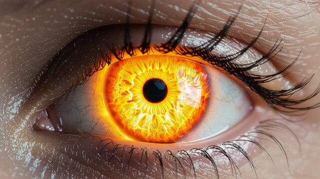 Extreme close-up of a human eye with an intensely glowing, fiery orange iris representing supernatural vision concept and powerful digital energy