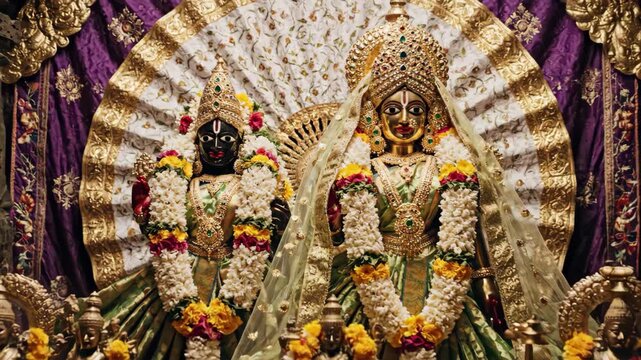 A detailed close-up of two richly adorned hindu deities, showcasing india culture and a golden spiritual mood on a temple altar.