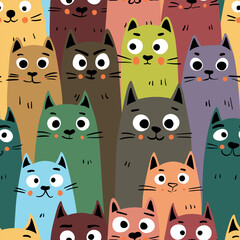 Seamless pattern with cute kitten print. Different scandy cats on color background. Scandinavian style illustration for kids. Vector illustration for fabric, textile, wallpaper, home clothing, pajama.