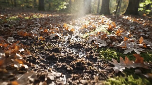 Autumn Forest Floor Covered in Fallen Leaves and Moss.