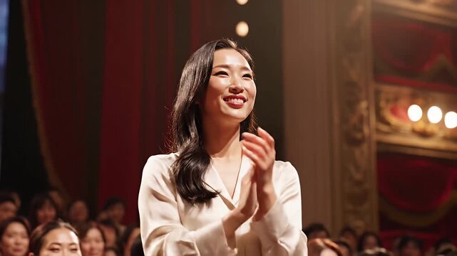 Young Asian woman applauding enthusiastically during a theatrical performance in an ornate opera house conveying joy and appreciation for the arts and entertainment