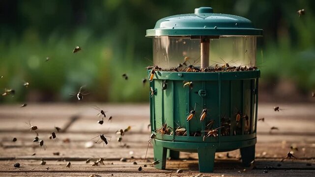 A swarm of flies buzzing around an effective outdoor insect trap. Bugs and gnats being caught in a green pest control device in a garden. Insect infestation and extermination concept