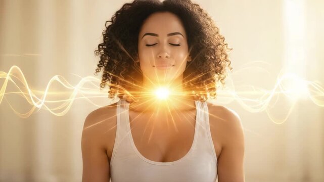 Young african american woman meditating with closed eyes, radiating golden light from her chest with glowing waves for spiritual energy and inner balance concept