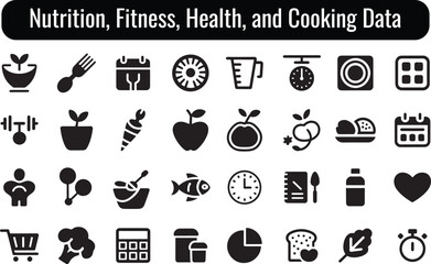 Black Glyph Icon Set for Nutrition, Fitness, Health, and Cooking Data