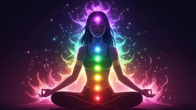 Woman meditating in lotus pose with glowing chakras and colorful energy aura for spiritual healing and balance concept, vibrant illustration