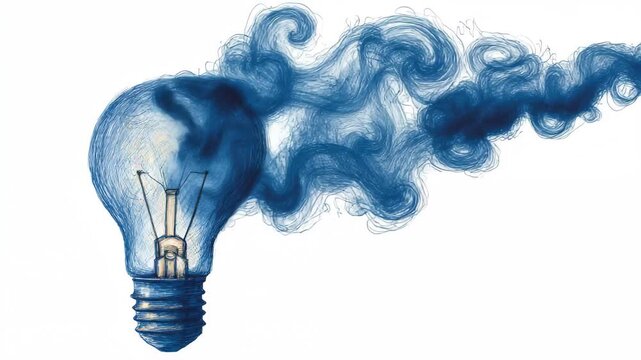 A navy blue lightbulb is topped by a messy blue scribble cloud, Navy blue lightbulb crowned with a chaotic blue scribble cloud symbolizing ideas and imagination